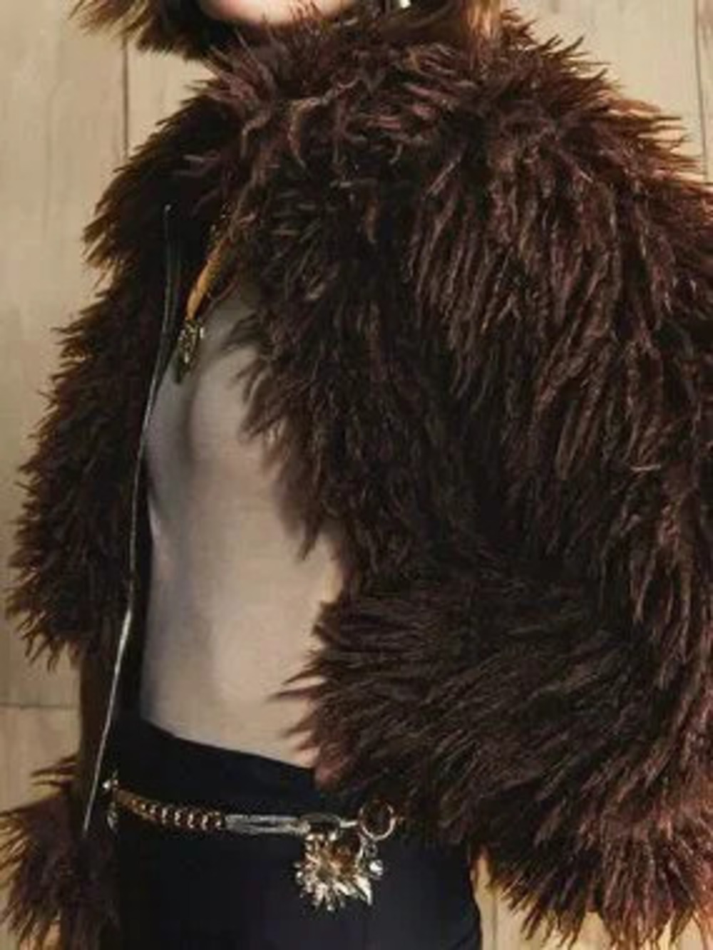 Brown Casual Women's Regular Fit Long Zipper Patchwork Faux Fur Short Jacket